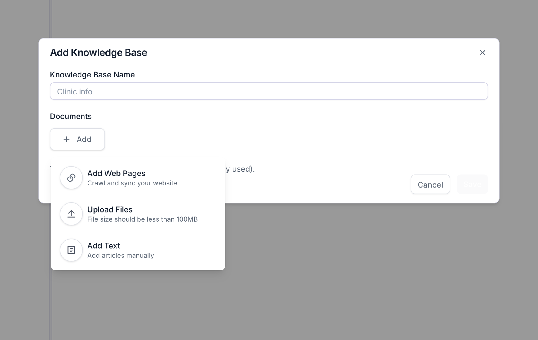 Add Knowledge Base dialog showing a name field and an Add menu with three source types: Add Web Pages, Upload Files, and Add Text.