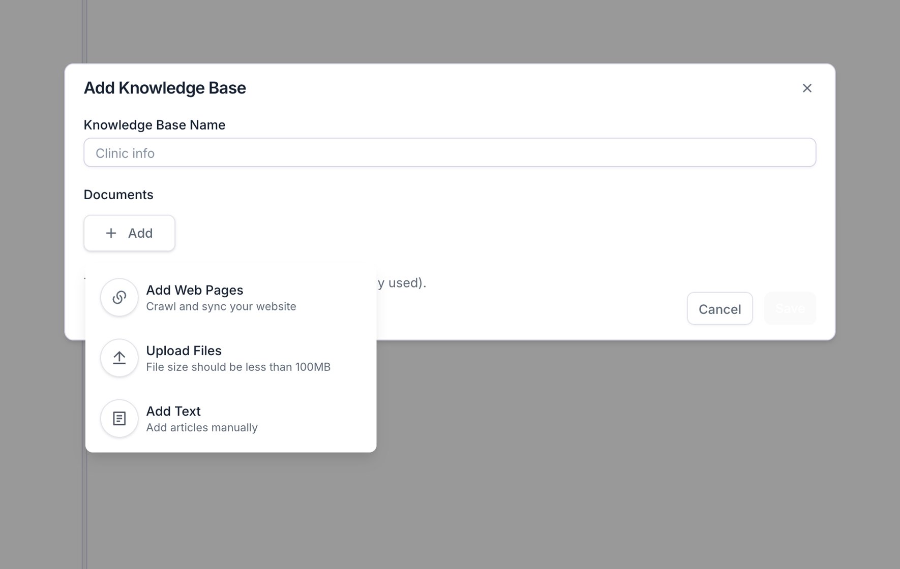 Add Knowledge Base dialog showing a name field and an Add menu with three source types: Add Web Pages, Upload Files, and Add Text.