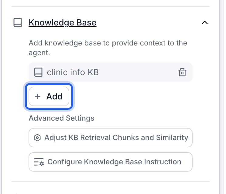 Agent editor Knowledge Base section showing an attached knowledge base and the Add button outlined in blue to attach more.