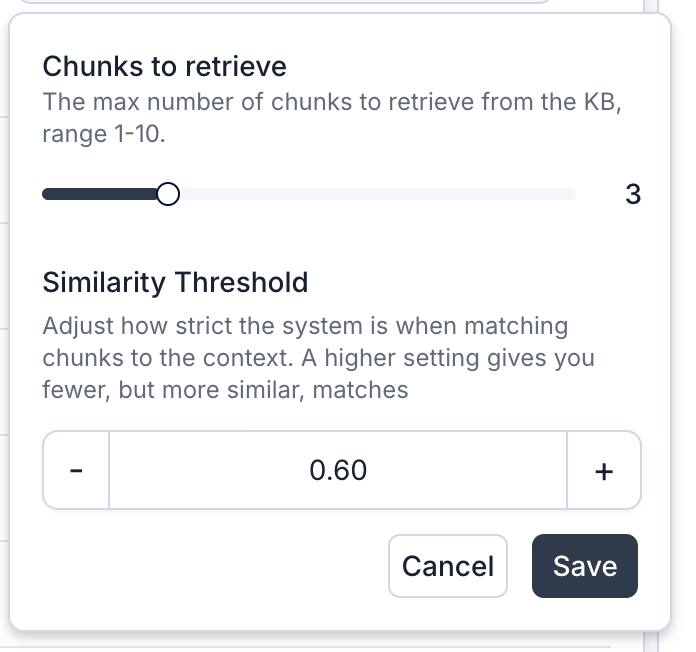Retrieval settings dialog with a Chunks to retrieve slider set to 3 and a Similarity Threshold stepper set to 0.60.