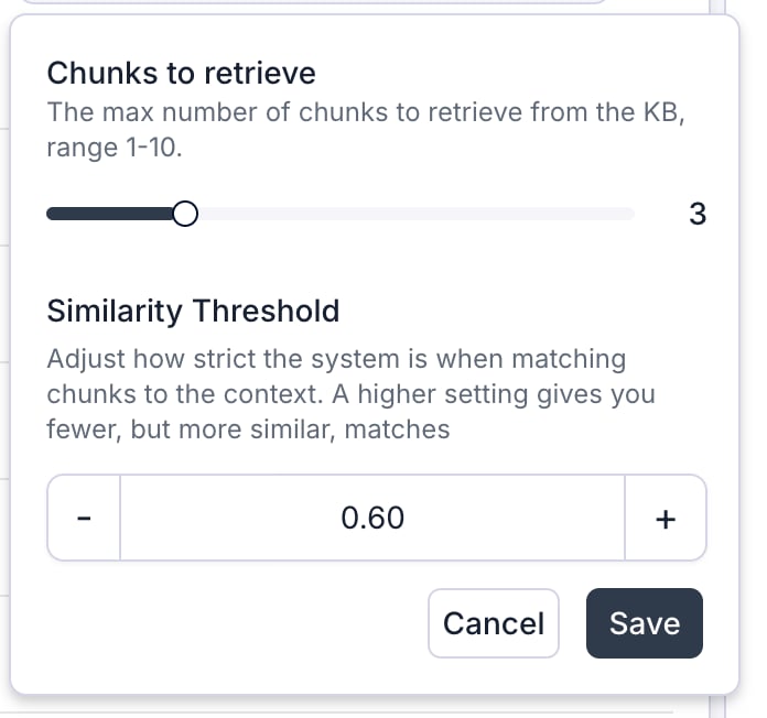 Retrieval settings dialog with a Chunks to retrieve slider set to 3 and a Similarity Threshold stepper set to 0.60.