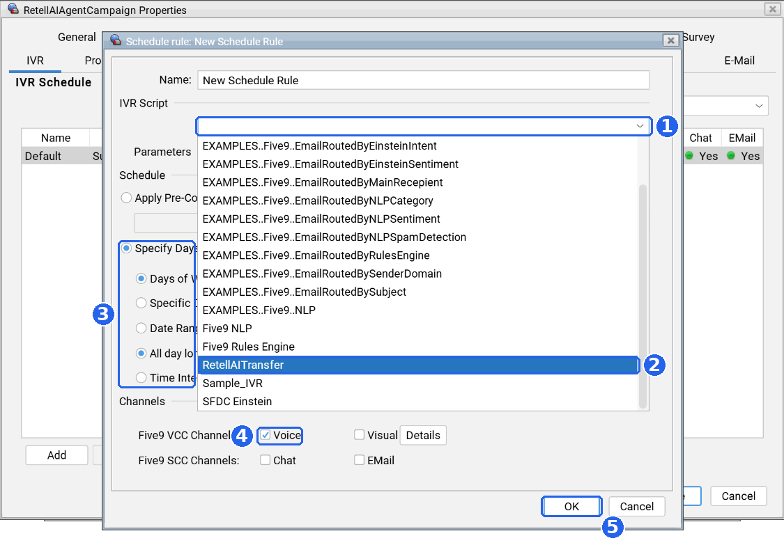 Schedule rule dialog inside campaign properties: the IVR Script dropdown open (1) with RetellAITransfer selected (2), schedule options set to All day long (3), the Voice channel ticked (4), and the OK button (5).