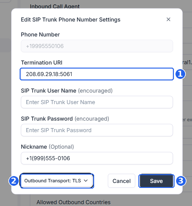 Edit SIP Trunk Phone Number Settings modal with the Termination URI set to 208.69.29.18:5061 (1), Outbound Transport set to TLS (2), and the Save button (3). SIP Trunk User Name and Password are left empty.