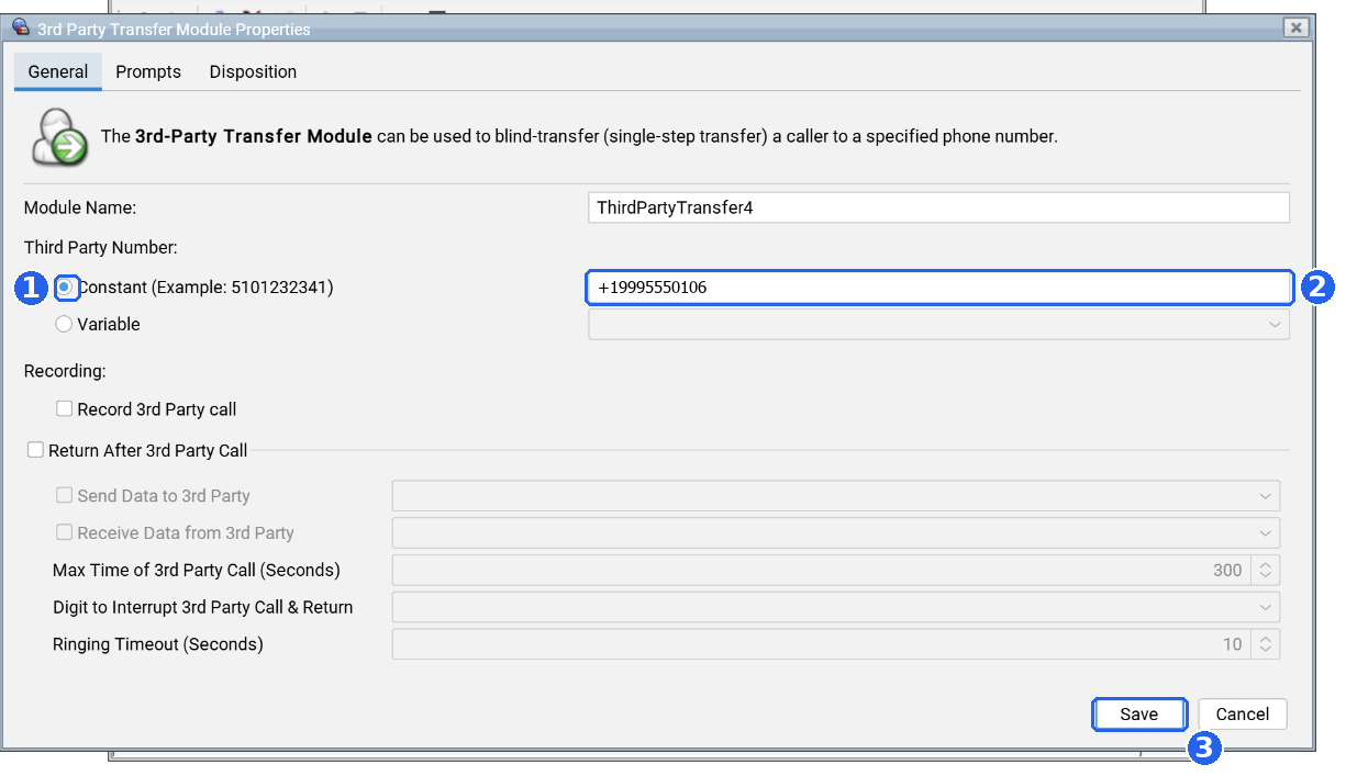 3rd Party Transfer Module Properties dialog with Third Party Number set to Constant (1), the value +19995550106 entered in E.164 format (2), and the Save button (3). Return After 3rd Party Call is unchecked.