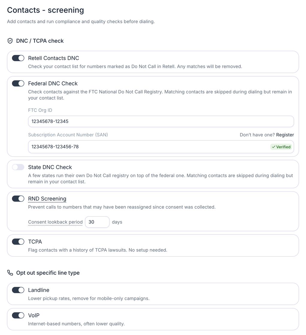 Contacts - screening screen. Under DNC / TCPA check, Retell Contacts DNC is on; Federal DNC Check is on with the FTC Org ID and Subscription Account Number (SAN) fields filled in, a Register link, and a green Verified tag; State DNC Check is off; RND Screening is on with a Consent lookback period of 30 days; TCPA is on. Under Opt out specific line type, Landline and VoIP are on.