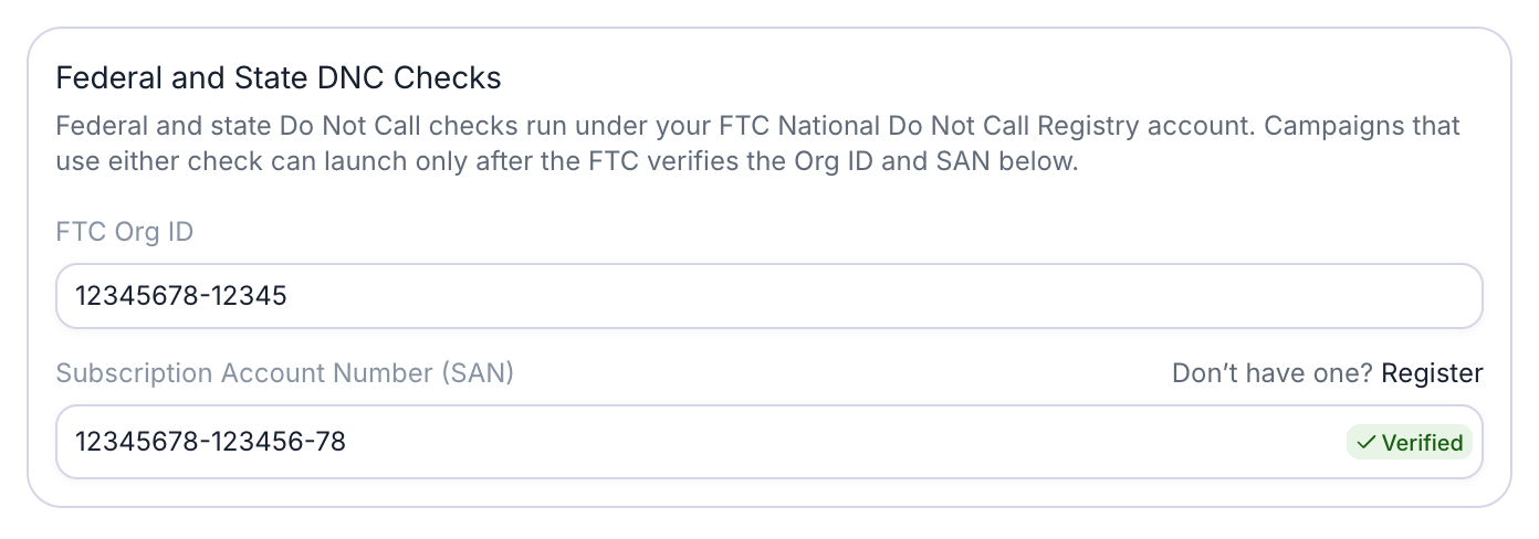 Federal and State DNC Checks card explaining that federal and state checks run under your FTC National Do Not Call Registry account and that campaigns using either check launch only after the FTC verifies the Org ID and SAN. The FTC Org ID field holds 12345678-12345, and the Subscription Account Number (SAN) field holds 12345678-123456-78 with a green Verified tag and a Register link above it.