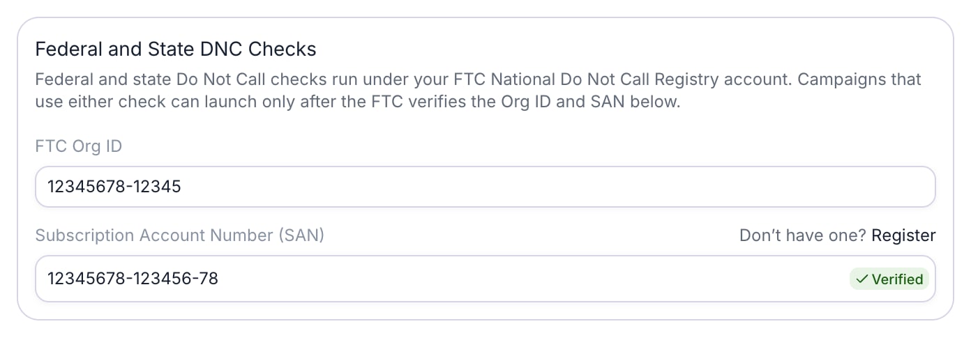 Federal and State DNC Checks card explaining that federal and state checks run under your FTC National Do Not Call Registry account and that campaigns using either check launch only after the FTC verifies the Org ID and SAN. The FTC Org ID field holds 12345678-12345, and the Subscription Account Number (SAN) field holds 12345678-123456-78 with a green Verified tag and a Register link above it.