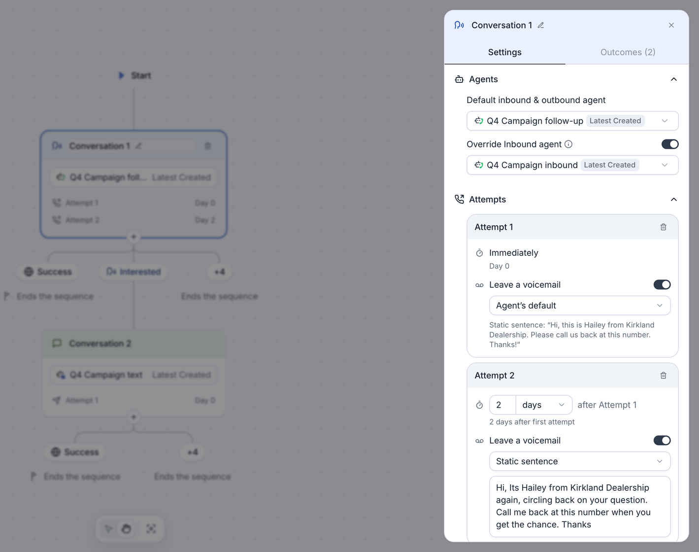 Sequence canvas dimmed behind the open panel for Conversation 1, Settings tab. The Agents section shows Default inbound and outbound agent set to Q4 Campaign follow-up at Latest Created, and Override Inbound agent on with Q4 Campaign inbound selected. The Attempts section shows Attempt 1, Immediately on Day 0, Leave a voicemail on with Agent's default and a summary of the agent's static voicemail sentence, and Attempt 2, 2 days after Attempt 1 with the note 2 days after first attempt, Leave a voicemail on with Static sentence and its message text.