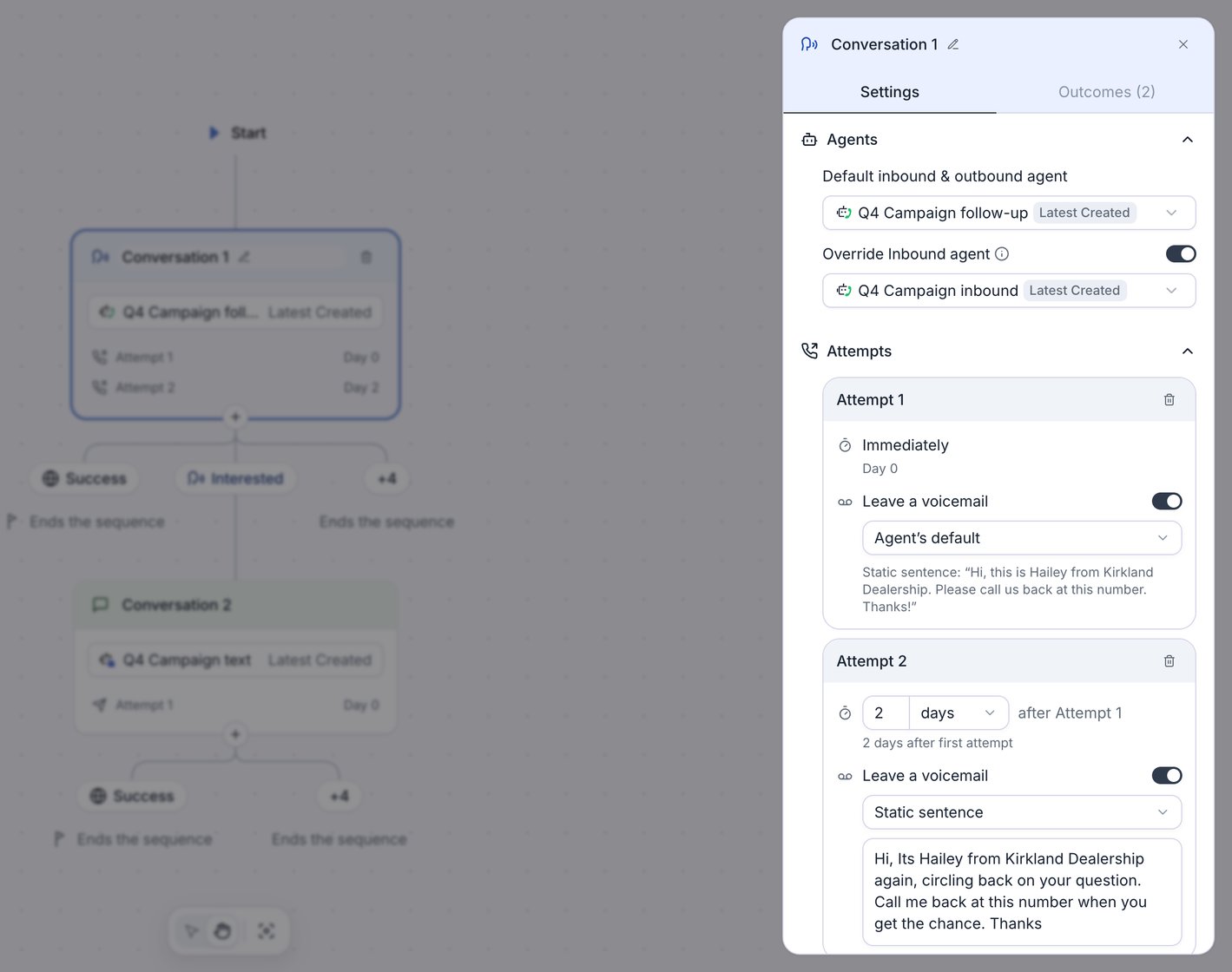 Sequence canvas dimmed behind the open panel for Conversation 1, Settings tab. The Agents section shows Default inbound and outbound agent set to Q4 Campaign follow-up at Latest Created, and Override Inbound agent on with Q4 Campaign inbound selected. The Attempts section shows Attempt 1, Immediately on Day 0, Leave a voicemail on with Agent's default and a summary of the agent's static voicemail sentence, and Attempt 2, 2 days after Attempt 1 with the note 2 days after first attempt, Leave a voicemail on with Static sentence and its message text.