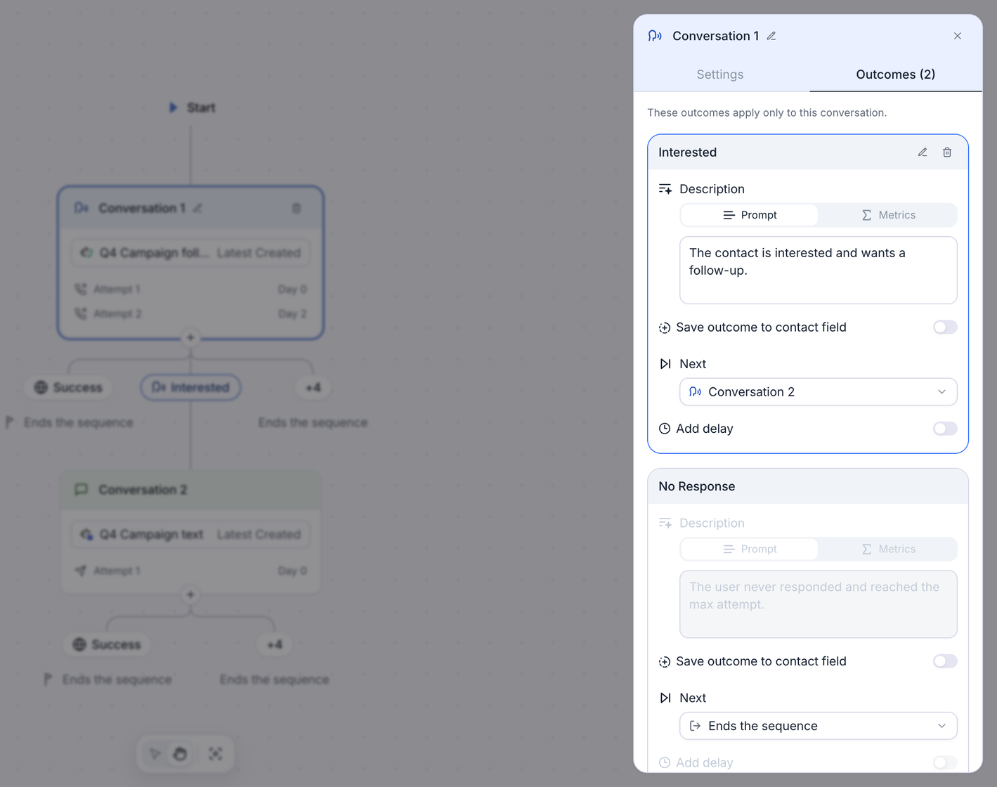 Sequence canvas dimmed behind the open panel for Conversation 1, Outcomes tab, with the helper text These outcomes apply only to this conversation. The Interested outcome card shows Description on the Prompt tab with the text The contact is interested and wants a follow-up, Save outcome to contact field off, Next set to Conversation 2, and Add delay off. Below it, the built-in No Response outcome card shows its fixed description, Save outcome to contact field off, and Next set to Ends the sequence.