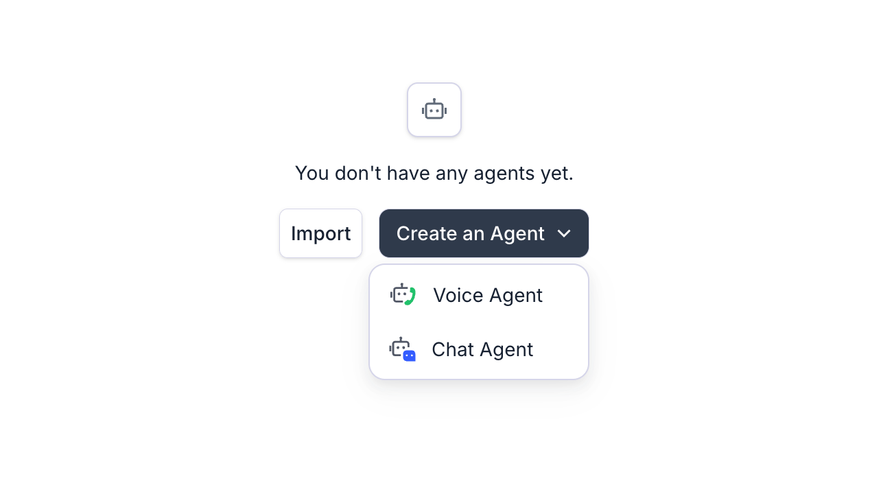 Create an Agent dropdown with Voice Agent and Chat Agent options