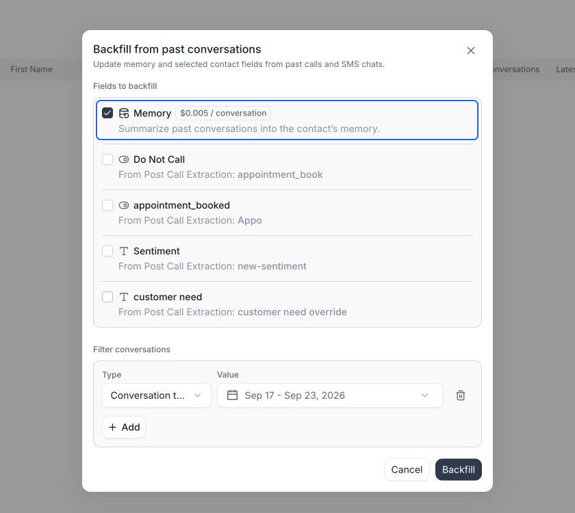 Backfill from past conversations dialog with Memory selected at $0.005 per conversation, the mapped contact fields unchecked, and a Conversation time filter. The Backfill button starts the job; Cancel closes the dialog.
