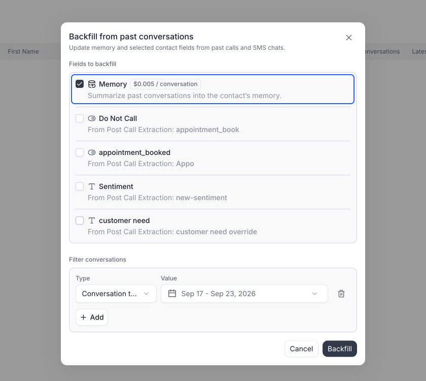 Backfill from past conversations dialog with Memory selected at $0.005 per conversation, the mapped contact fields unchecked, and a Conversation time filter. The Backfill button starts the job; Cancel closes the dialog.