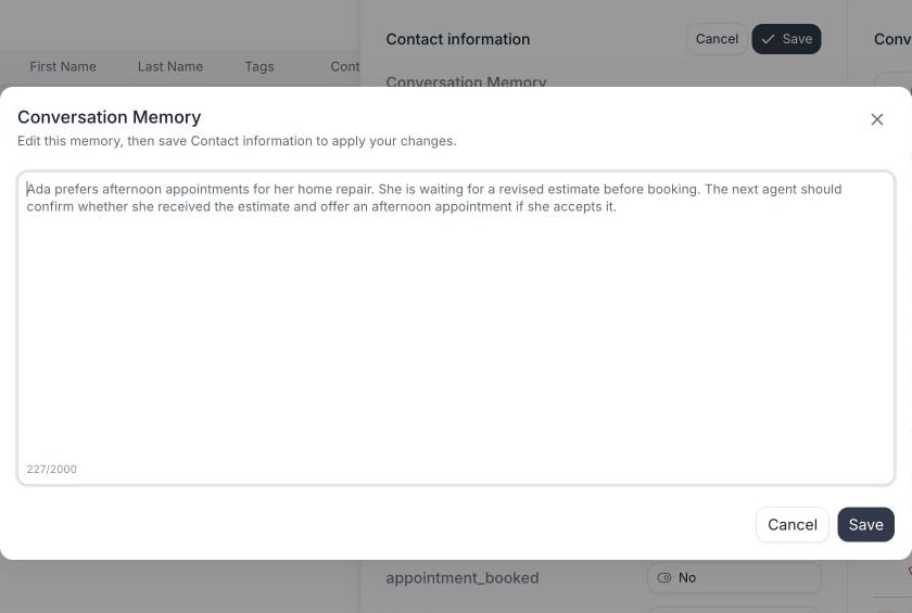 Conversation Memory dialog over the contact detail panel, with an editable memory brief and a character counter out of 2000. The description says to save Contact information after editing this memory. Cancel and Save are at the bottom.