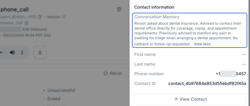Call details with the read-only Contact information panel on the right. Conversation Memory is expanded and highlighted in blue, with View less beneath the brief. Contact fields and a View Contact button appear below; phone numbers are partially masked.