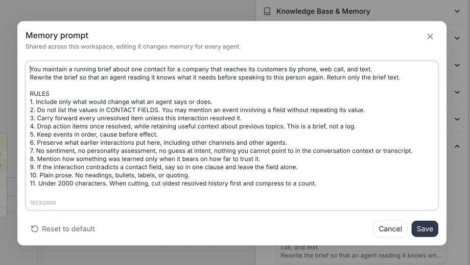 Memory prompt dialog over the agent editor. The dialog explains that the prompt is shared across the workspace and includes an editable prompt, a character counter out of 2000, Reset to default, Cancel, and Save.