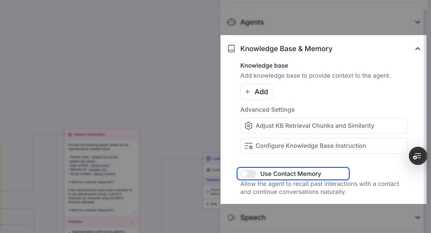 Knowledge Base & Memory panel in the conversation flow editor, with the Use Contact Memory switch highlighted. The switch is off and its description says the agent can recall past interactions with a contact.
