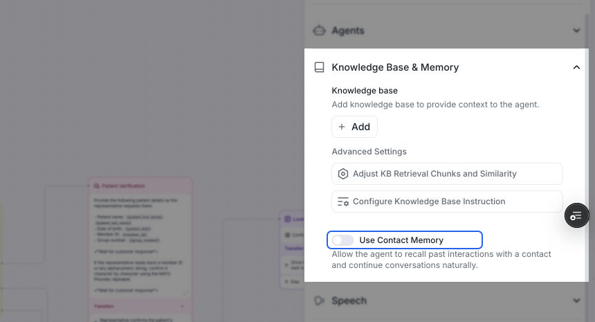 Knowledge Base & Memory panel in the conversation flow editor, with the Use Contact Memory switch highlighted. The switch is off and its description says the agent can recall past interactions with a contact.