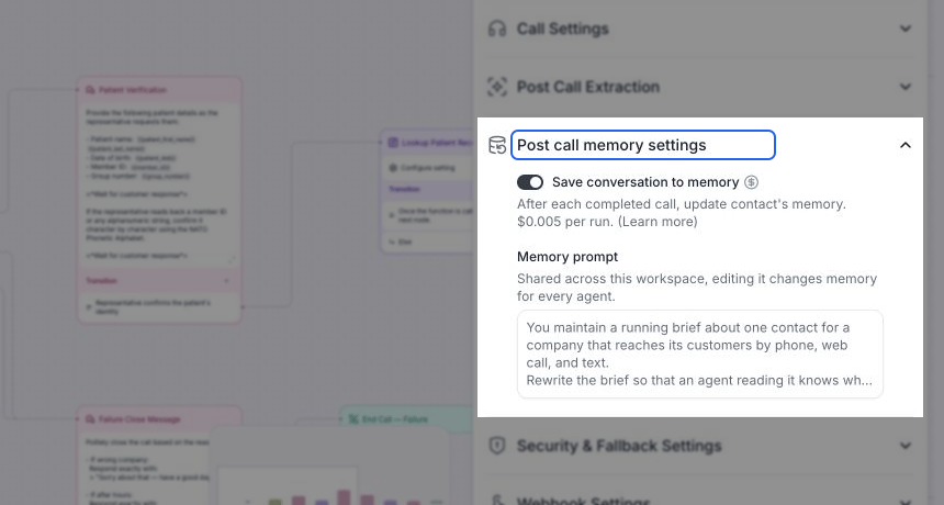 Conversation flow editor with the expanded Post call memory settings section on the right. A blue outline highlights the section heading. Save conversation to memory is enabled beside a cost icon. Its description shows $0.005 per run and a Learn more link. The Memory prompt states that edits affect every agent in the workspace.