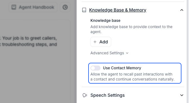 Knowledge Base & Memory expanded beside a single-prompt agent's editor. The Use Contact Memory switch, shown off, and its recall description are outlined in blue.