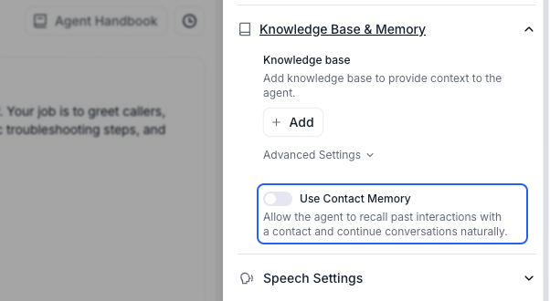 Knowledge Base & Memory expanded beside a single-prompt agent's editor. The Use Contact Memory switch, shown off, and its recall description are outlined in blue.