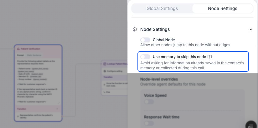 Patient Verification node selected on the flow canvas with Node Settings open. The Use memory to skip this node switch is off, with a docs link beside it. A blue outline highlights the switch and its description covering saved memory and information collected during this call.