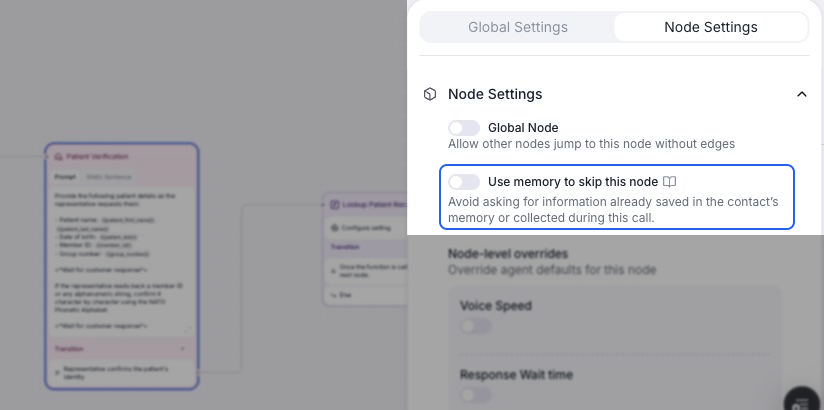Patient Verification node selected on the flow canvas with Node Settings open. The Use memory to skip this node switch is off, with a docs link beside it. A blue outline highlights the switch and its description covering saved memory and information collected during this call.