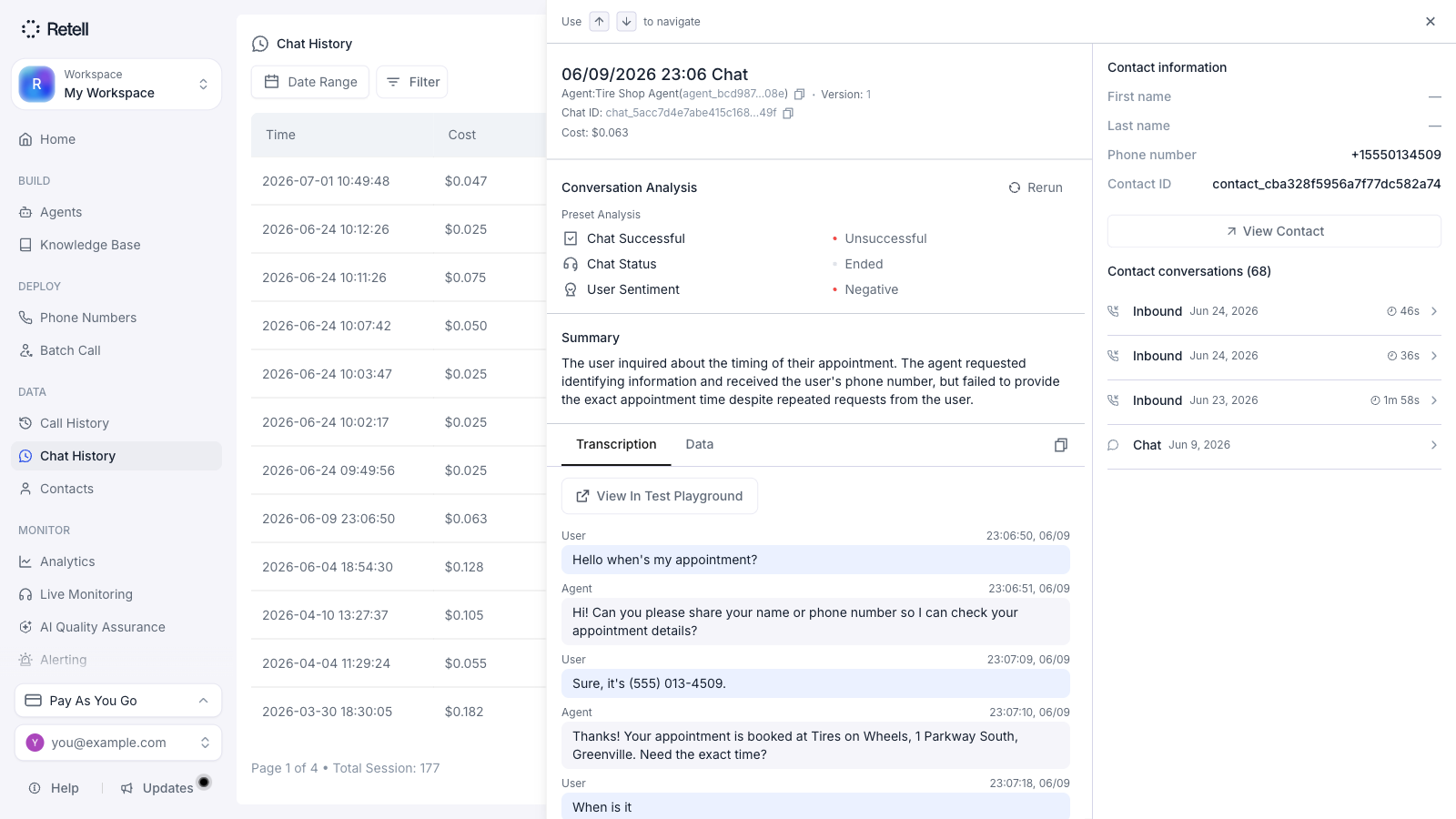 Chat detail panel showing the agent and session information, Conversation Analysis, Summary, Transcription and Data tabs, messages, and the matched contact's previous conversations.