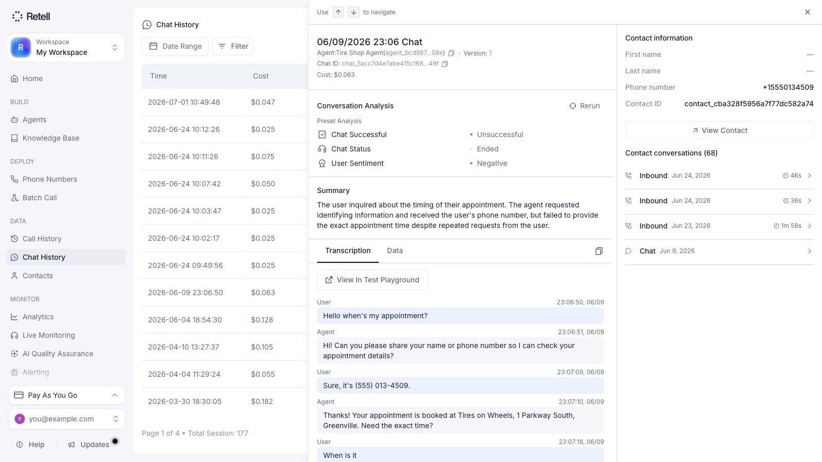 Chat detail panel showing the agent and session information, Conversation Analysis, Summary, Transcription and Data tabs, messages, and the matched contact's previous conversations.