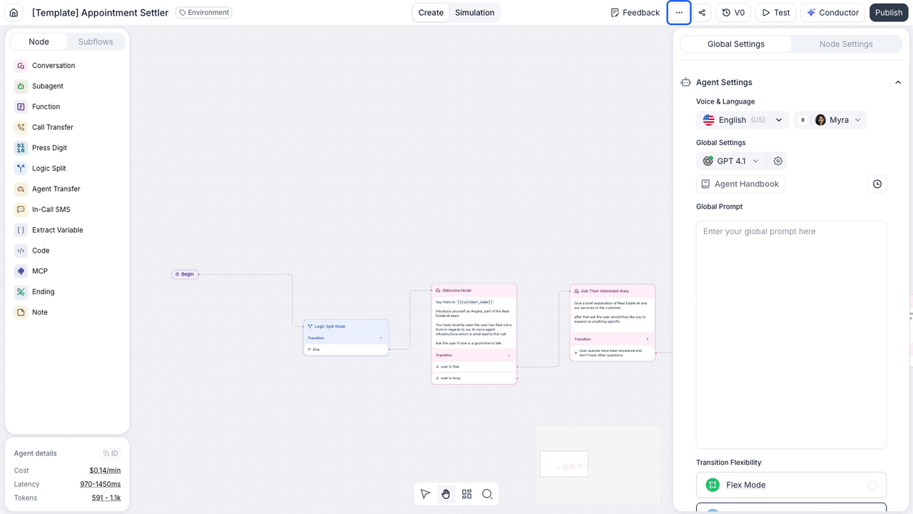 Three-step sequence in the agent builder: the More options button in the top-right corner is highlighted, then the open menu with Convert to Chat Agent highlighted, then the confirmation dialog explaining a new chat agent will be created while the original stays unchanged, with the Convert button highlighted