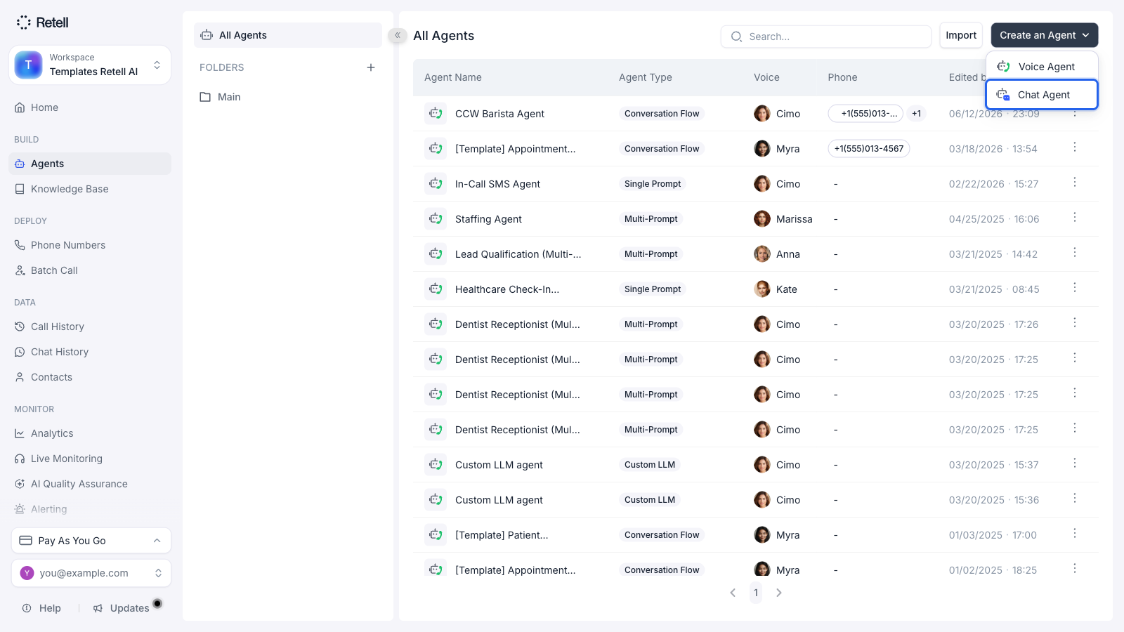 Create a Retell chat agent for text-based conversations