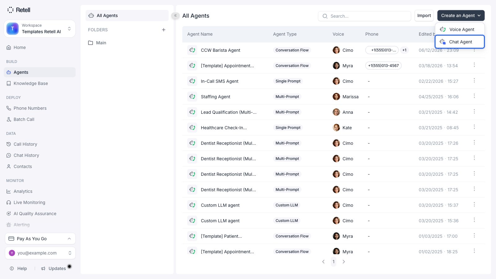 Retell dashboard Agents page with the Create an Agent dropdown open, showing Voice Agent and Chat Agent options with Chat Agent highlighted