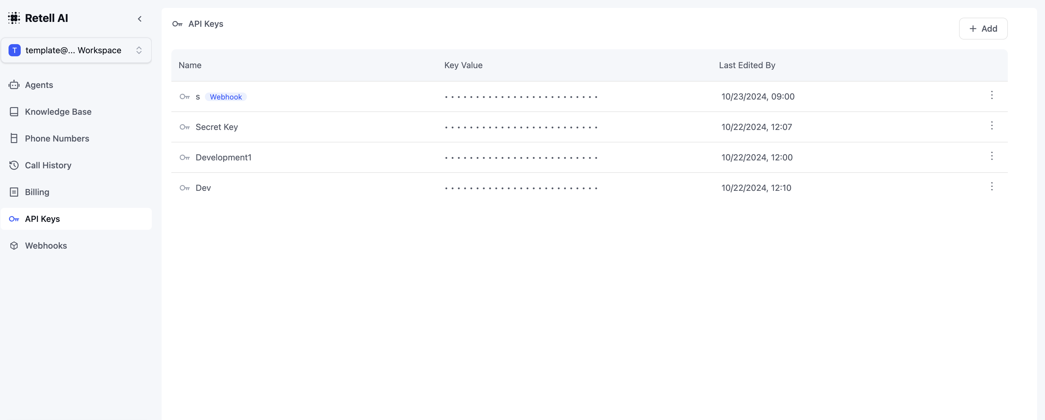 API Keys management interface