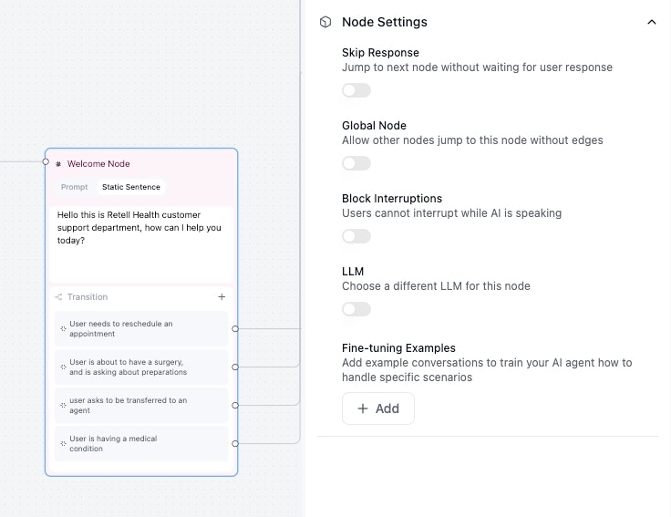 Node configuration panel on the right showing settings and instructions