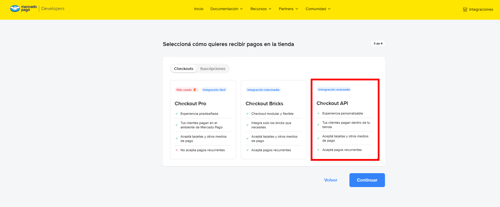Passo «Seleccioná cómo quieres recibir pagos en la tienda» do assistente, aba Checkouts. Um retângulo vermelho destaca o cartão «Checkout API», marcado como integração avançada, com «Acepta pagos recurrentes» entre as suas características.