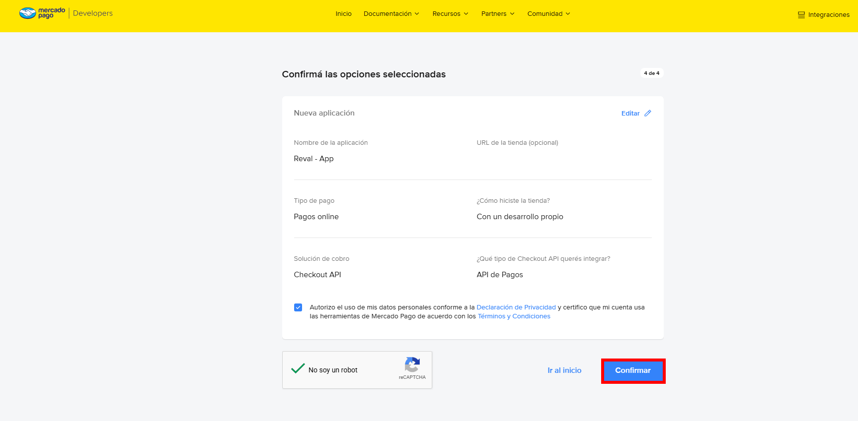 Passo «Confirmá las opciones seleccionadas» do assistente, com o resumo da aplicação, a caixa de autorização marcada, o captcha resolvido e um retângulo vermelho destacando o botão Confirmar.