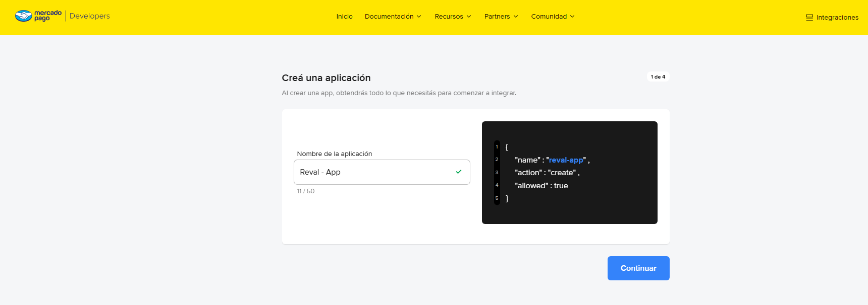 Passo «Creá una aplicación» do assistente do Mercado Pago com o campo «Nombre de la aplicación» preenchido e o botão Continuar.