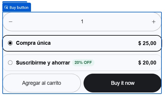 Buy box mostrando Compra única e Assinar e economizar com 20% OFF