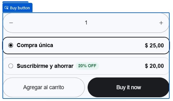 Buy box mostrando Compra única y Suscribirme y ahorrar con 20% OFF