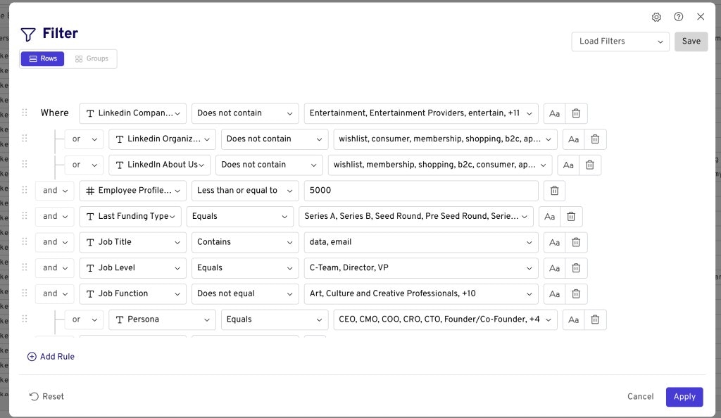 Filter dialog excluding B2C keywords from company and about us fields