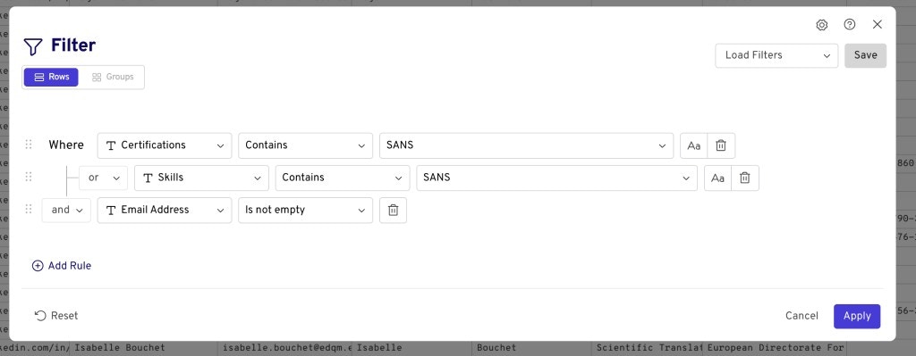 Filter dialog showing Certifications and Skills containing SANS, and Email Address is not empty
