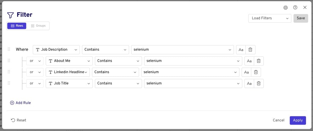 Filter dialog searching for Selenium across Job Description, About Me, LinkedIn Headline, and Job Title