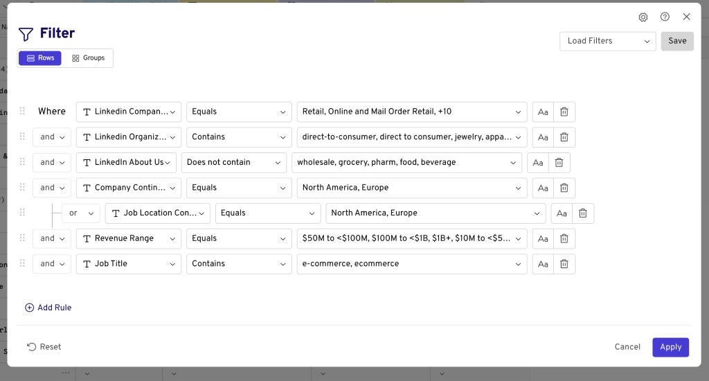 Filter dialog for retail and e-commerce with industry, keywords, location, revenue, and job title