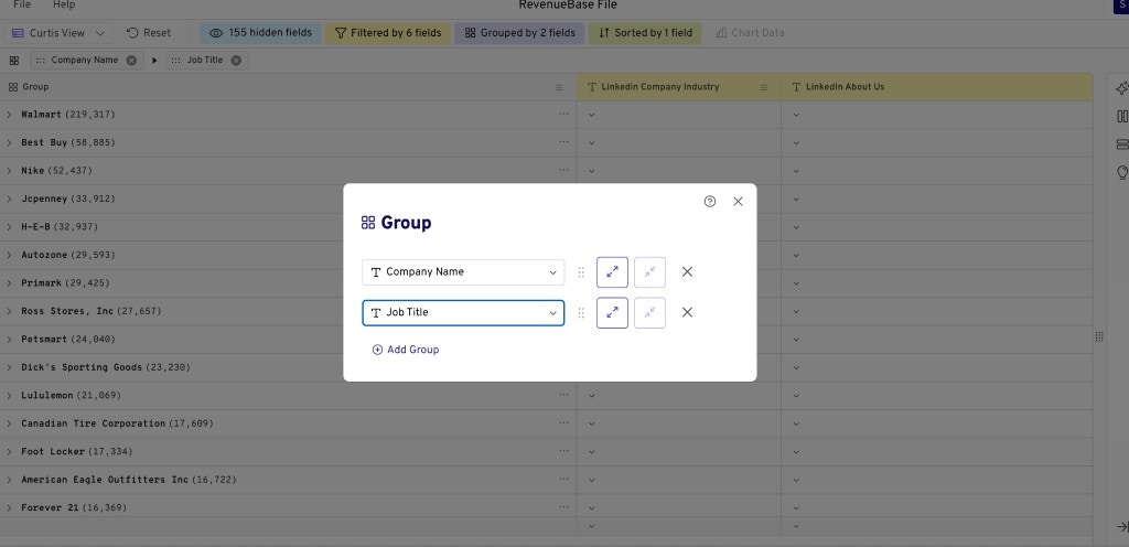 Group dialog with Company Name and Job Title as nested group levels