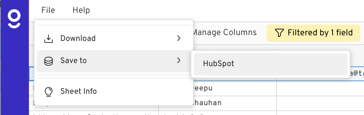 Gigasheet interface showing the save to HubSpot option.