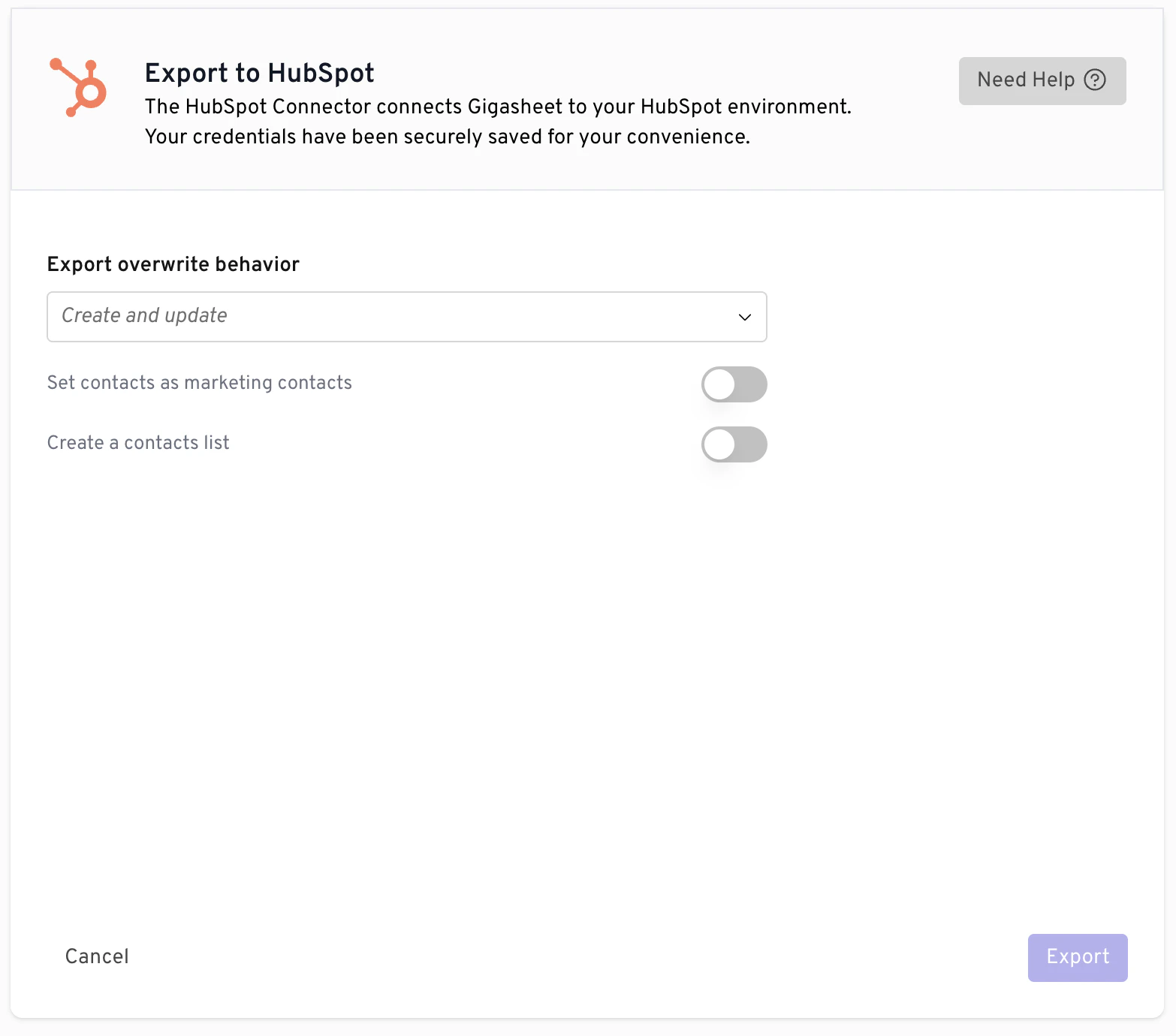 Gigasheet interface showing the config screen for HubSpot export.