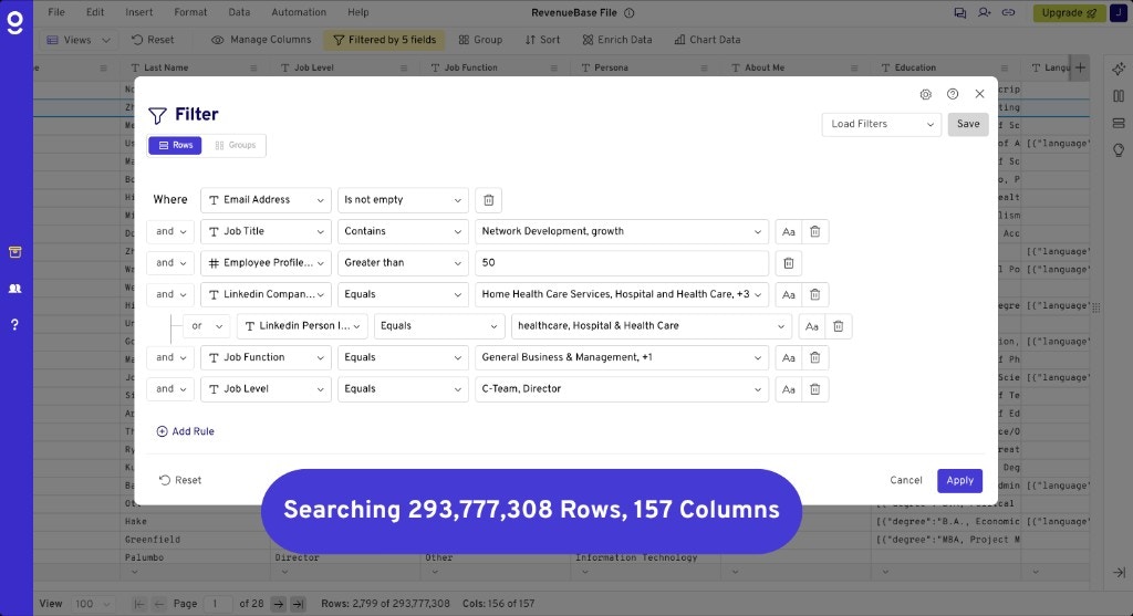 Gigasheet interface showing the main workspace with a Filter dialog open, spreadsheet-style grid with columns like Last Name, Job Level, Job Function, and a status bar indicating Searching 293M+ rows and 157 columns.