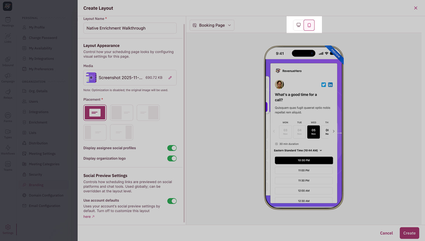 Booking page preview in mobile view