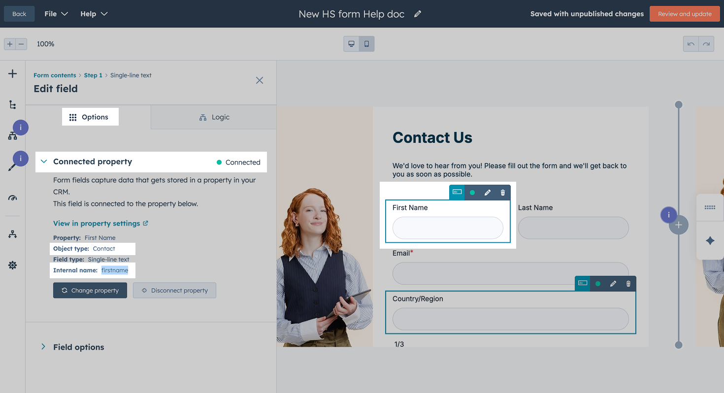 Identify the Internal name of the connected field property on HubSpot