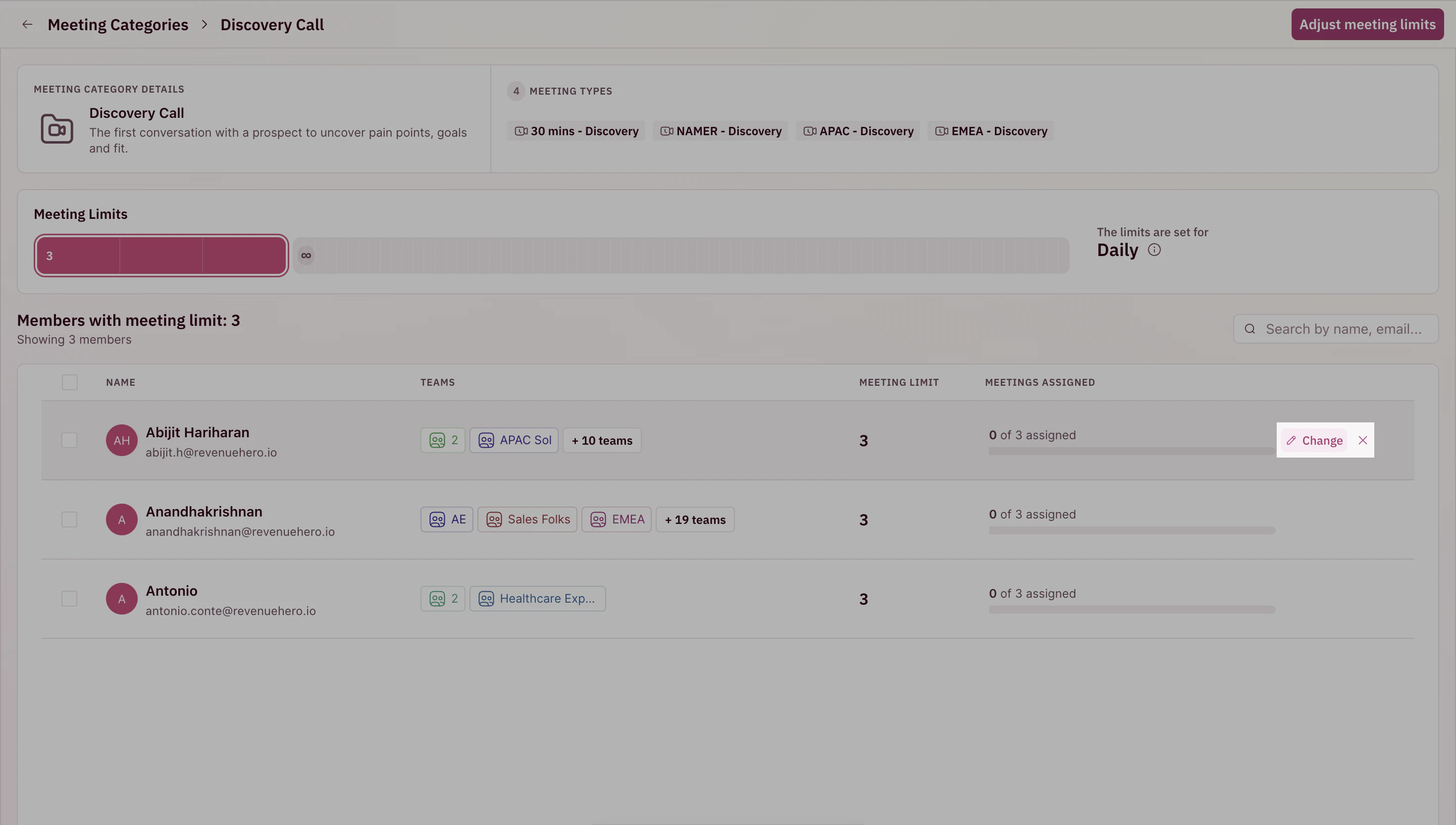 Edit already set meeting limits or members or meeting types.